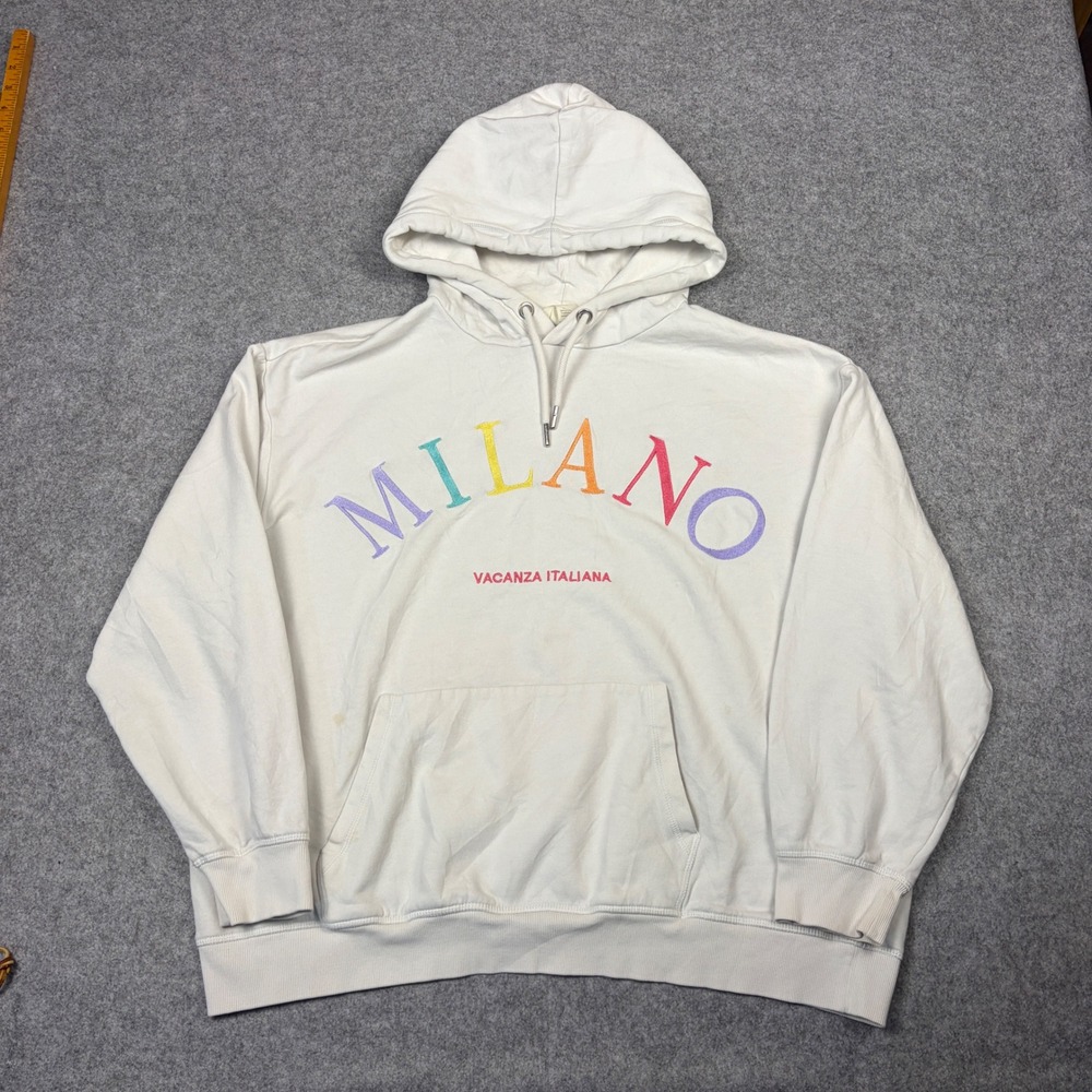H&M Milano Vacanza Italiana Hoodie Sweatshirt Off White Mens Large Embroidered